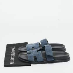 Pre Owned Hermes Dark Blue Suede Chypre Sandals Size 41.5