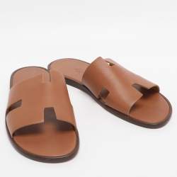 Pre Owned Hermes Brown Leather Izmir Slides Size 43