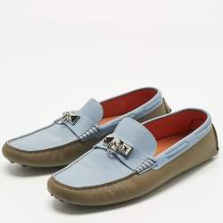 Pre Owned Hermes Brown/Blue Leather Irving Loafers Size 43.5