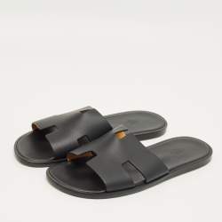 مملوكة مسبقًا Hermes Black Leather Izmir Flat Slide Sandals Size 46