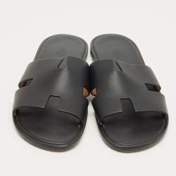 مملوكة مسبقًا Hermes Black Leather Izmir Flat Slide Sandals Size 46