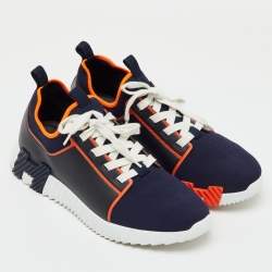 Pre Owned Hermes Navy Blue/Black Knit Fabric and Leather Depart Sneakers Size 42