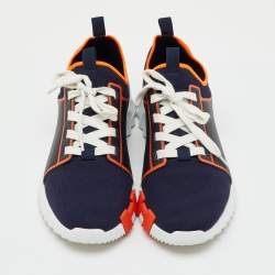 Pre Owned Hermes Navy Blue/Black Knit Fabric and Leather Depart Sneakers Size 42
