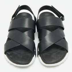 Pre Owned Hermes Black Leather Junior Flat Sandals Size 43.5