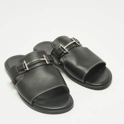 Pre Owned Hermes Black Leather Flat Slide Size 42