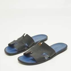 Pre Owned Hermes Navy Blue Leather Izmir Flat Slide Size 43.5