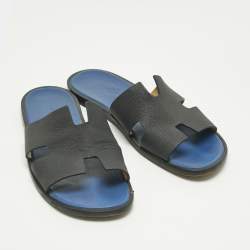 Pre Owned Hermes Navy Blue Leather Izmir Flat Slide Size 43.5