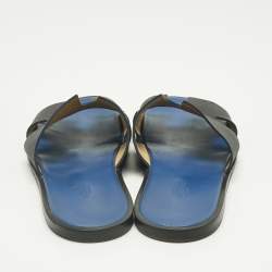 Pre Owned Hermes Navy Blue Leather Izmir Flat Slide Size 43.5