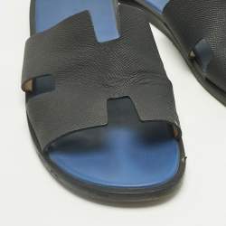 Pre Owned Hermes Navy Blue Leather Izmir Flat Slide Size 43.5