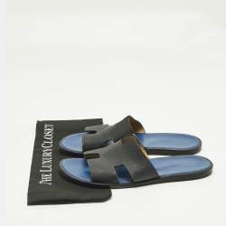 Pre Owned Hermes Navy Blue Leather Izmir Flat Slide Size 43.5