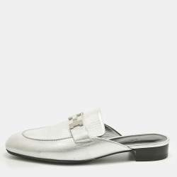 Pre Owned Hermès Silver Leather Trocadero Mules Size 41