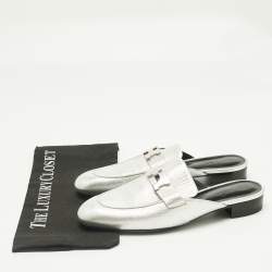 Pre Owned Hermès Silver Leather Trocadero Mules Size 41