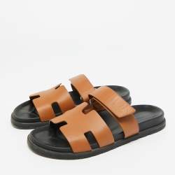 Pre Owned Hermes Brown Leather Chypre Flat Sandals Slide 42