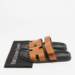 Pre Owned Hermes Brown Leather Chypre Flat Sandals Slide 42