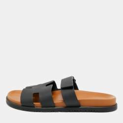Pre Owned Hermes Black Leather Chypre Flat Slide Size 45