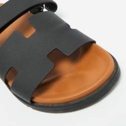 Pre Owned Hermes Black Leather Chypre Flat Slide Size 45