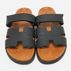 Pre Owned Hermes Black Leather Chypre Flat Slide Size 45