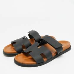 Pre Owned Hermes Black Leather Chypre Flat Slide Size 45