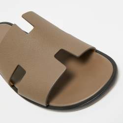 Pre Owned Hermes Brown Leather Izmir Flat Slides Size 44