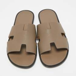 Pre Owned Hermes Brown Leather Izmir Flat Slides Size 44