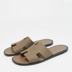 Pre Owned Hermes Brown Leather Izmir Flat Slides Size 44