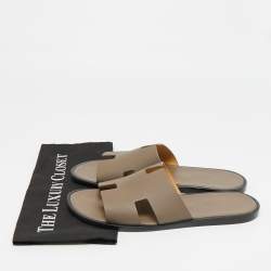 Pre Owned Hermes Brown Leather Izmir Flat Slides Size 44
