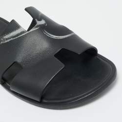 Pre Owned Hermes Black Printed Leather Izmir Flat Slides Size 43
