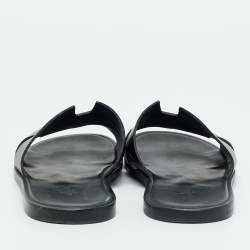 Pre Owned Hermes Black Printed Leather Izmir Flat Slides Size 43