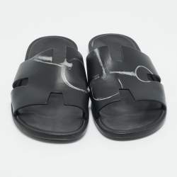 Pre Owned Hermes Black Printed Leather Izmir Flat Slides Size 43
