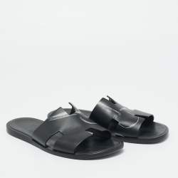 Pre Owned Hermes Black Printed Leather Izmir Flat Slides Size 43