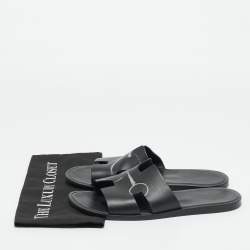 Pre Owned Hermes Black Printed Leather Izmir Flat Slides Size 43