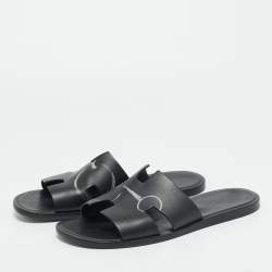 Pre Owned Hermes Black Printed Leather Izmir Flat Slides Size 43