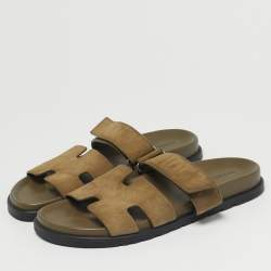 Pre Owned Hermes Chypre Size 42.5 Green Suede Flat Sandals