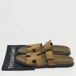 Pre Owned Hermes Chypre Size 42.5 Green Suede Flat Sandals