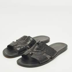 Pre Owned Hermes Izmir Size 42.5 Black Ostrich Leather Slide Sandals