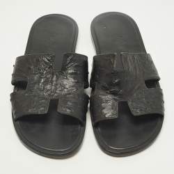 Pre Owned Hermes Izmir Size 42.5 Black Ostrich Leather Slide Sandals