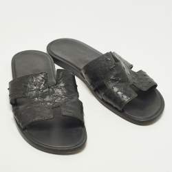 Pre Owned Hermes Izmir Size 42.5 Black Ostrich Leather Slide Sandals