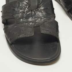 Pre Owned Hermes Izmir Size 42.5 Black Ostrich Leather Slide Sandals