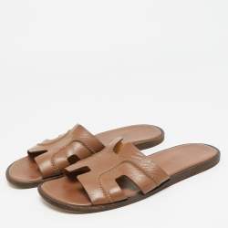 مملوكة مسبقًا Hermes Izmir Size 42.5 Dark Brown Leather Flat Slide