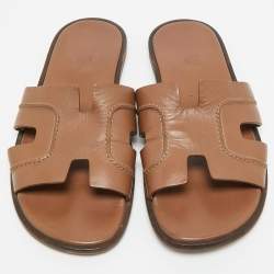 مملوكة مسبقًا Hermes Izmir Size 42.5 Dark Brown Leather Flat Slide