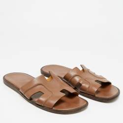 مملوكة مسبقًا Hermes Izmir Size 42.5 Dark Brown Leather Flat Slide