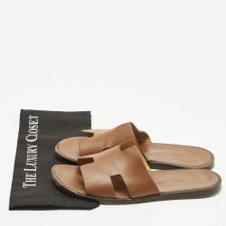 مملوكة مسبقًا Hermes Izmir Size 44 Brown Leather Flat Slide Sandals