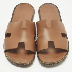مملوكة مسبقًا Hermes Izmir Size 44 Brown Leather Flat Slide Sandals