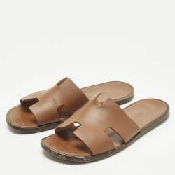 مملوكة مسبقًا Hermes Izmir Size 44 Brown Leather Flat Slide Sandals