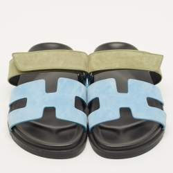 مملوكة مسبقًا Hermes Chypre Size 40 Blue/Green Suede Flat Sandals