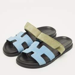 مملوكة مسبقًا Hermes Chypre Size 40 Blue/Green Suede Flat Sandals