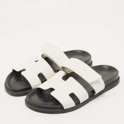 Pre Owned Hermes Chypre Size 40 White Leather Flat Sandals