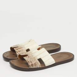 Pre Owned Hermes Izmir Size 41.5 White Crocodile Leather Slide Sandals