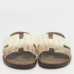 Pre Owned Hermes Izmir Size 41.5 White Crocodile Leather Slide Sandals