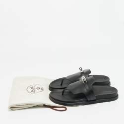 Pre Owned Hermes Empire Size 40.5 Black Leather Thong Flat Slide